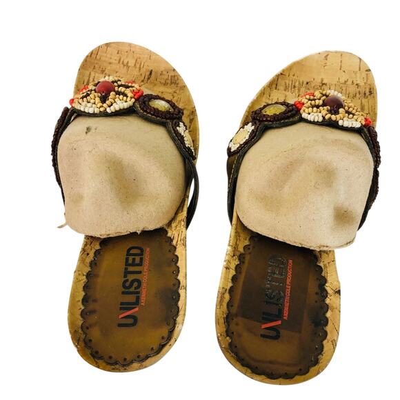 Unlisted Orange Brown Tan beaded Top with Bling cork sandals 7.5M 3 inch wedge - Picture 14 of 16